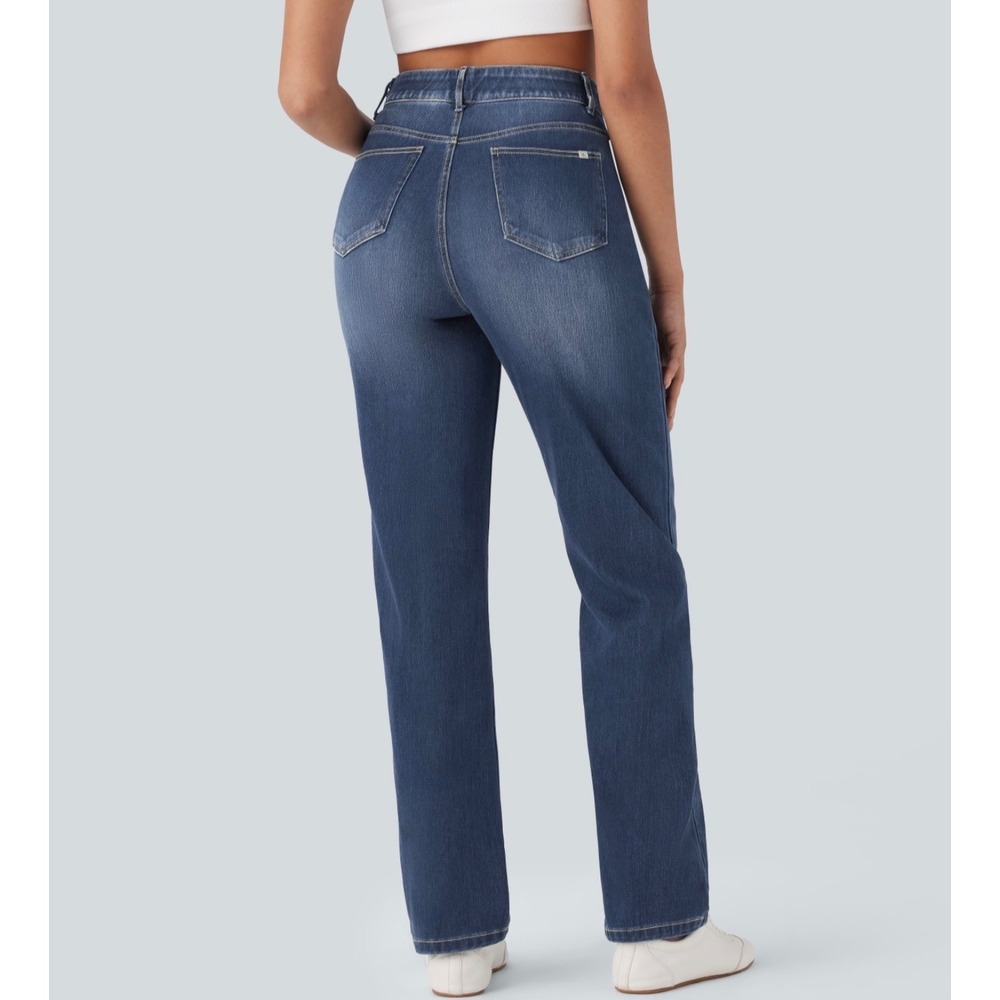 Halara Flex High Waisted Tummy Control Straight Leg Jeans Washed Blue Large